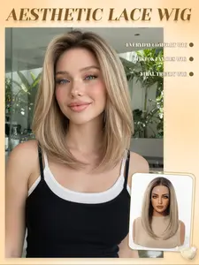 13x6 HD Lace Front Wig 14 Inch Medium Straight Ombre Brown Blonde Glueless Heat Resistant Synthetic Natural Comfortable Daily Wear for Women Glueless Frontal Wig