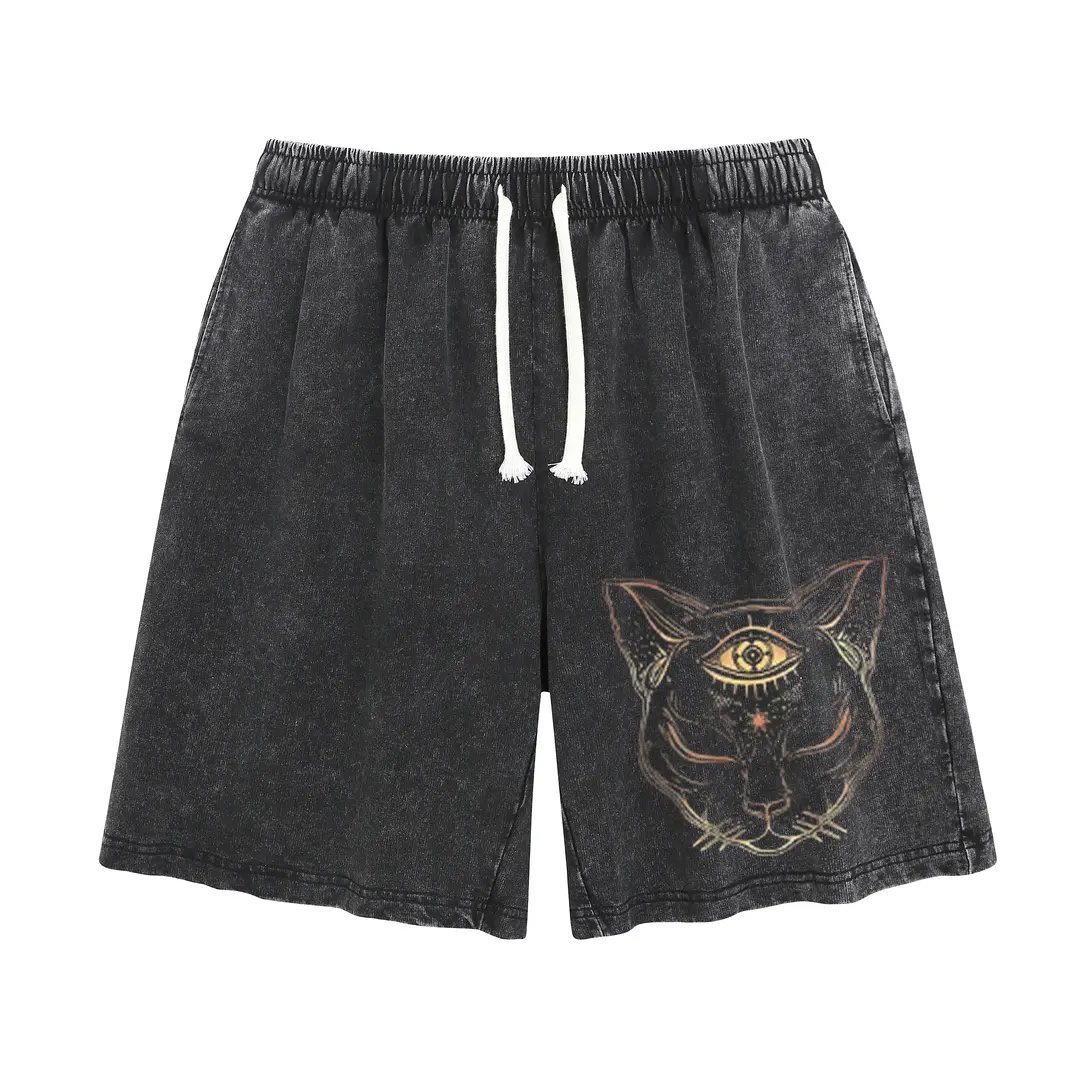 Women's Wayii Fashion Unisex Third Eye Cat Acid Bleach Grunge Shorts - Brown Vintage Mineral Wash Baggy Cotton Elastic Drawstring Sweat Shorts with Pockets, Mystical Occult Streetwear Bottoms, Bleach Shorts