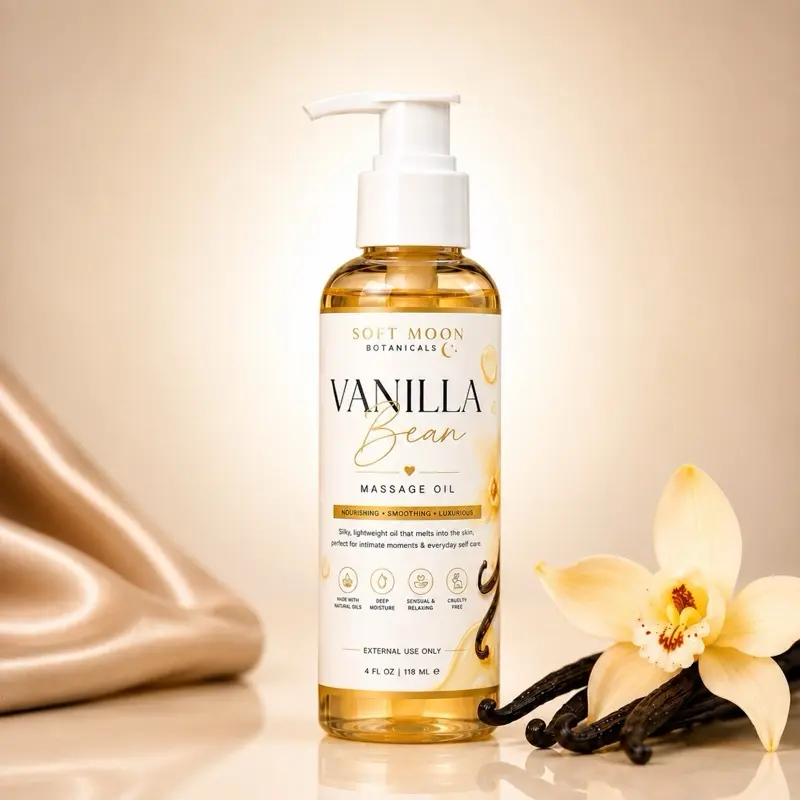 Soft Moon Botanicals Vanilla Bean Massage Oil for Couples & Self Care, Lightweight Non Greasy Body Oil for Dry Skin, Nourishing Skin Softening Massage Oil, Smooth Glide Formula, Vanilla Bean Scent, Silky Moisturizing Body Oil, Spa Inspired, 4 fl oz