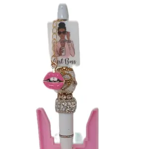 Boss Girl Rhinestone Beaded Refillable Black Ink Pen weighted pencil premade pearl fe