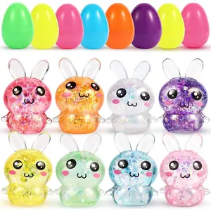 Easter Egg Fillers & Basket Stuffer Essentials – 8PCS Glitter Easter Bunny Squishy Toys with Plastic Eggs – 2.7in Cute Bunny Stress Balls for Kids and Adults, Classroom Gifts & Egg Hunt Party Favors
