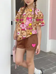 Teen Girls Casual Watermelon Heart Pattern Summer Short Sleeve Round Neck T-Shirt and Shorts Set, Cute Bear Cartoon Shirt, Bear Suit, Summer Clothing Set, Summer Clothes Set