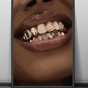 Black Woman Grillz Wall Art – Glossy Lips & Gold Teeth Print | Urban Room Decor, Unframed, 5 size, 8x12 to 27x40 inch