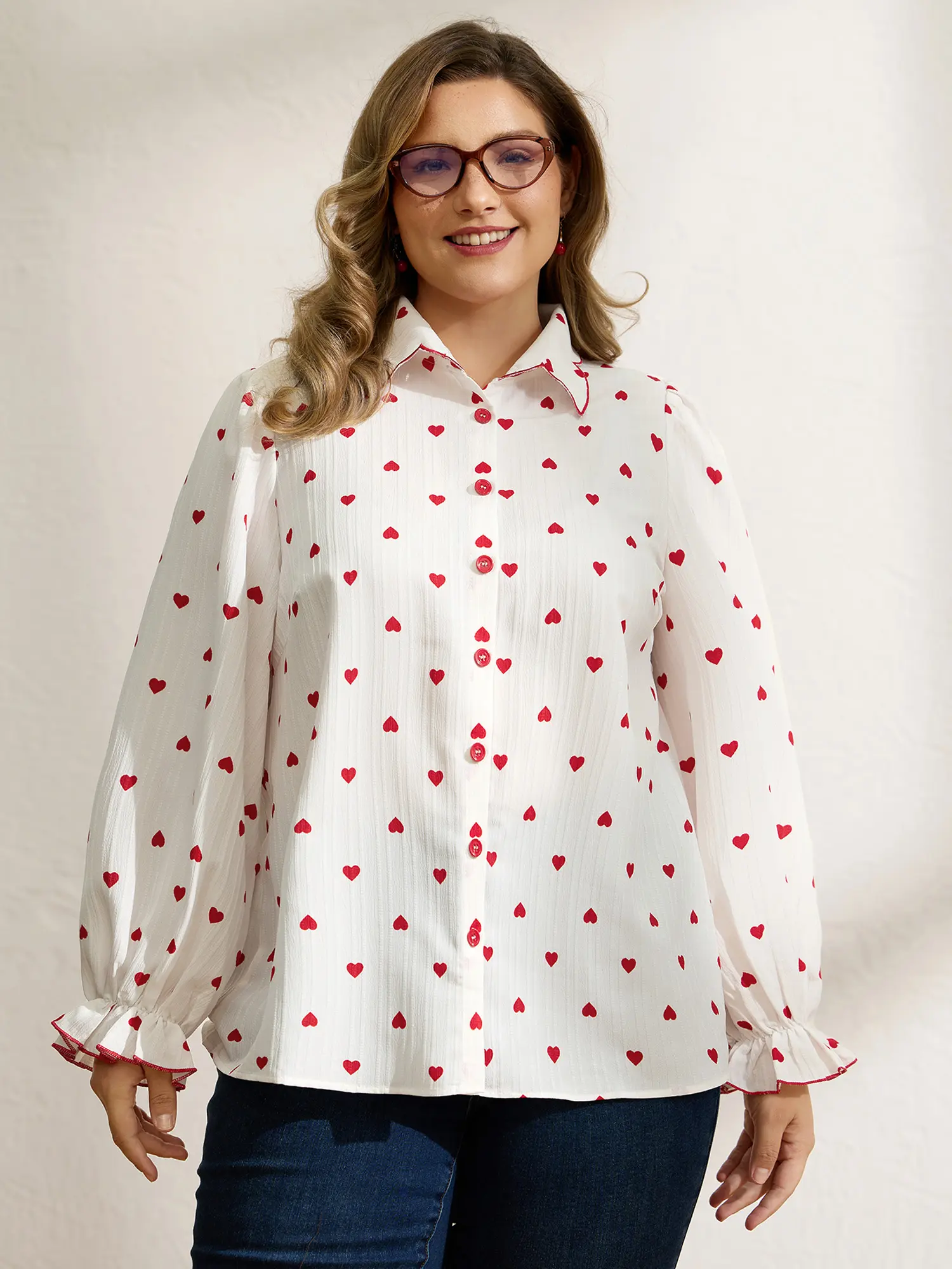 BloomChic Women's Plus Size Fitted Polyester Long Sleeve Shirt - Textured Heart-Embroidered Collar Blouse, Smooth Fabric, M-6X ,Summerfinds Longsleeves
