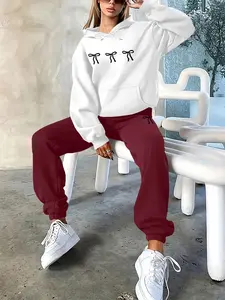 Women's Casual Long Sleeve Thin Hoodie Set, Butterfly Bow Print Sweatshirt & Jogger Pants, Comfortable Fashion Design, Perfect for Daily Wear