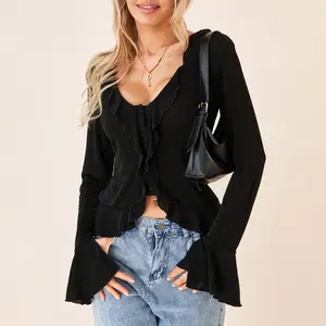Chic and Versatile Women's Long Sleeve Crop Top: Button-Front Ruffle Cardigan for Clubwear and Streetwear Aesthetic