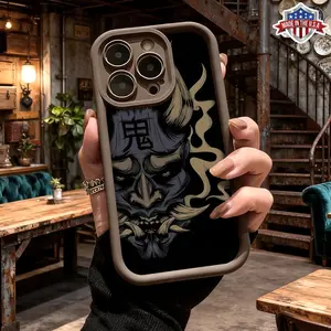 Cool Japanese Demon Mask Samurai Aesthetic Pattern Case for iPhone 17 16 15 14 Pro Max 13 12 11 XR XS Plus Air Slim Shockproof Anti Drop Protective TPU Cover