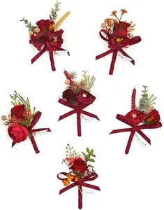 TINGE TIME Boutonniere for Men Wedding, Set of 6, Deep Red Groom and Best Men Boutineer Suit Decor for Wedding Ceremony Anniversary, Formal Dinner Homecoming and Prom