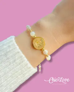 Saint Benedict Protection Bracelet with Natural White Shell Beads 18k Gold Plated for Spiritual Well-being