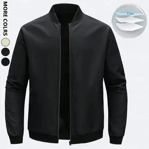 Men’s Solid Color Zip Jacket – Lightweight and Easy to Carry, Regular Fit, Casual Long Sleeve Polyester Coat, Beige/Black Plain Zipper Outerwear for Fall/Winter Daily Wear