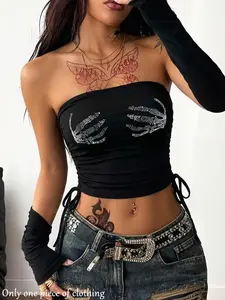 Y2K Style Sleeveless Tube Top, Slim-Fitting Drawstring Design, Solid Color, All Seasons, Trendy Streetwear for Women