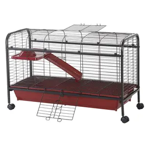 PawHut 48" L Small Animal Cage, Rabbit Hutch, or Ferret Pet Play House with Feeder, Rolling Wheels, Platform, Ramp
