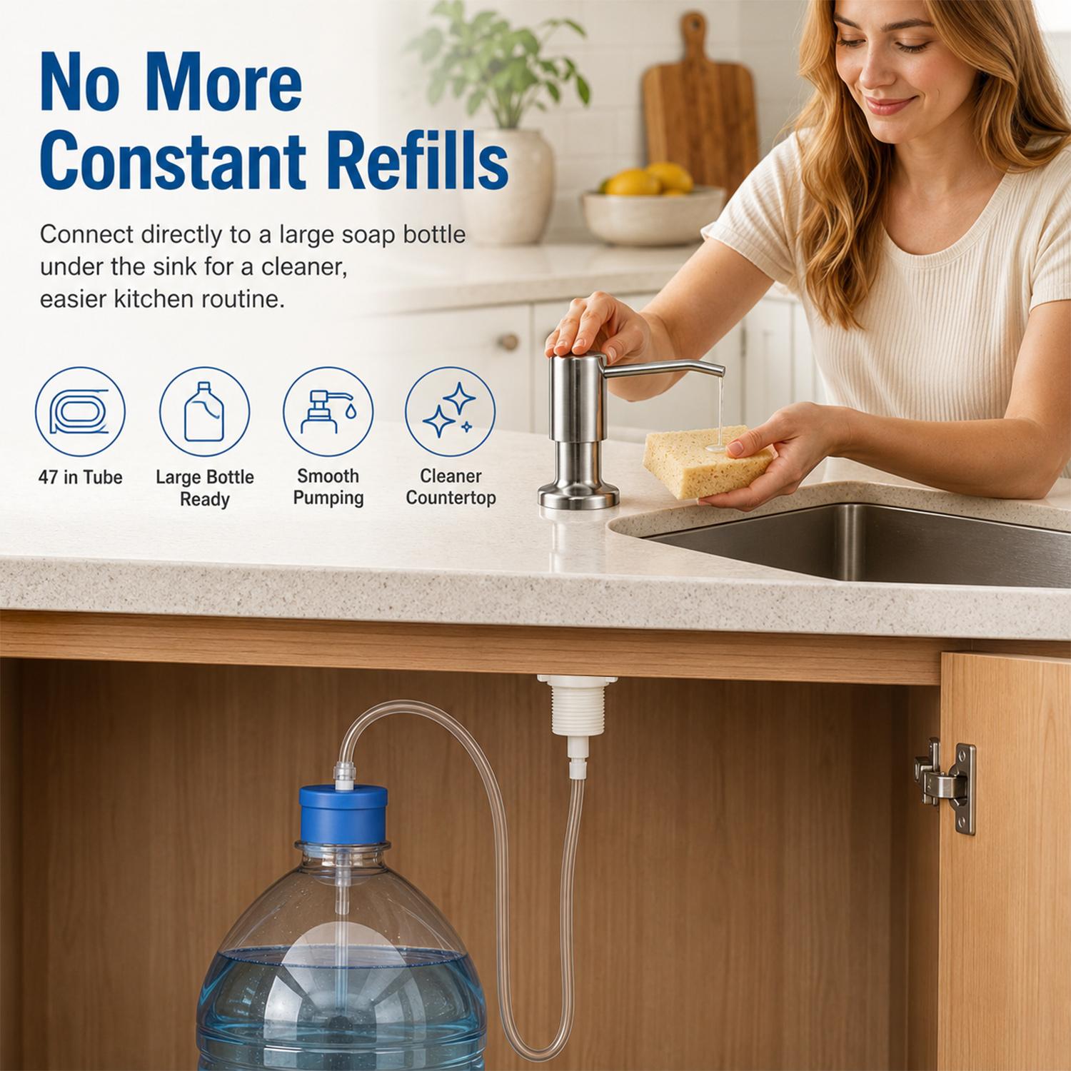 Dish Soap Dispenser for Kitchen Sink (Brushed Nickel), Countertop Sink Soap Dispenser Water Pump with 47” No-Spill Extension Tube Kit Design for Kitchen Bathroom, No More Refills, Kitchen Sink Accessories