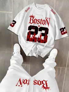 Men's Flame Number 23 Print Short Sleeve Set, Outfit, Relaxed Fit, Comfortable Loose Fit Pants, Summer Casual Fashion, Breathable and Stylish