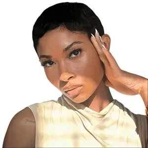 YZ Human Hair Elf Short Straight Wig, suitable for women's everyday wear, with a rose mesh cap and adjustable machine-made headpiece. #1B#2#99j#27
