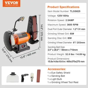 VEVOR 8 Inch Bench Grinder with 2x28 Inch Belt Sander Combo, Bench Grinder Sander with 2.5A Induction Motor for Metalworking Sharpening Grinding