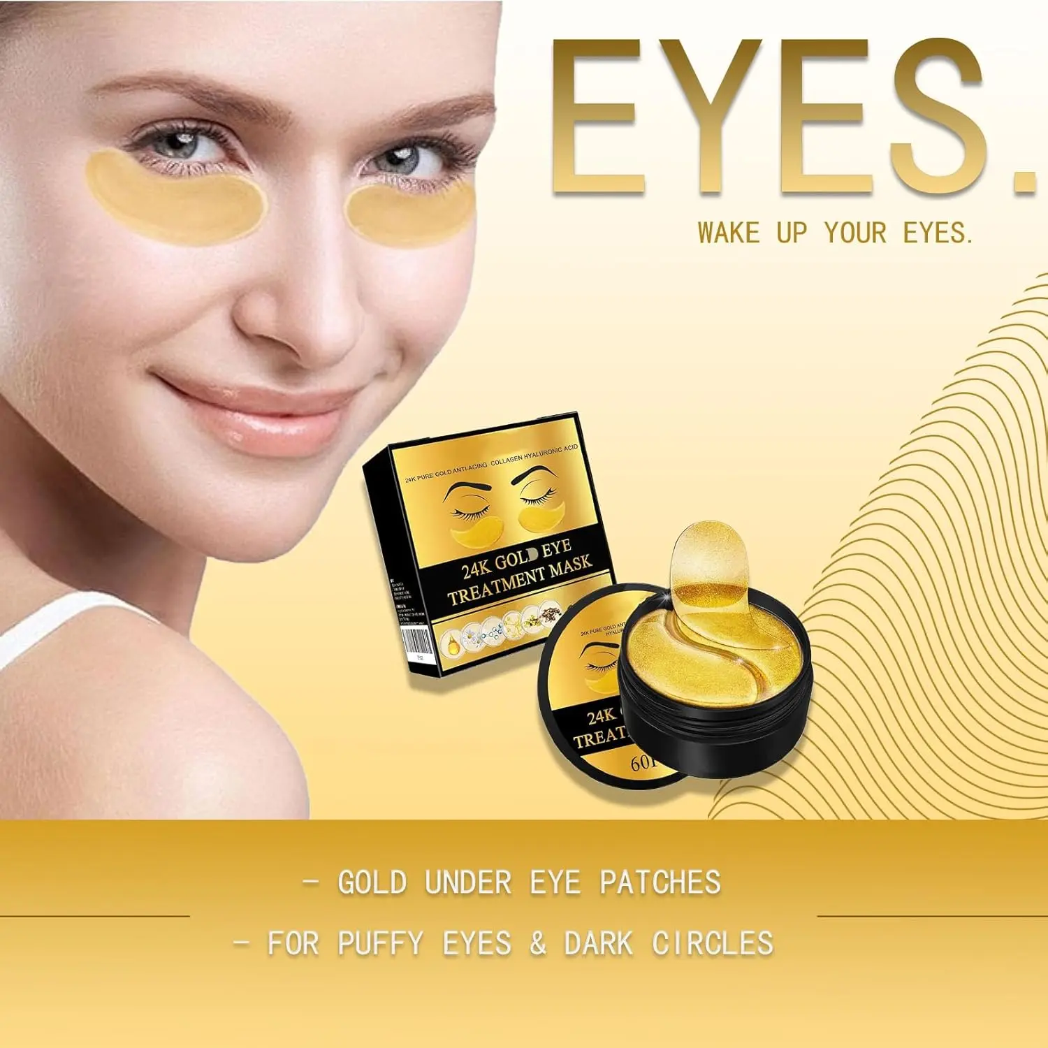 60Pcs 24K Gold Collagen Eye Treatment Mask Hyaluronic Acid Moisturizer Brightening Under Eye Patches Remove Eye Bags