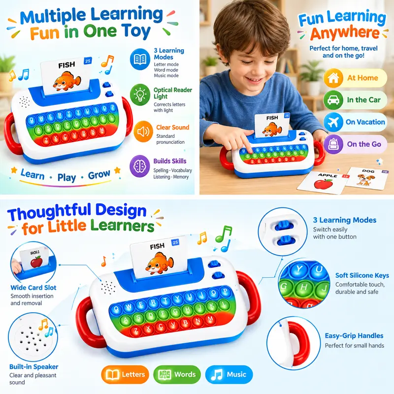 Interactive talking flash card keyboard and picture learning activity