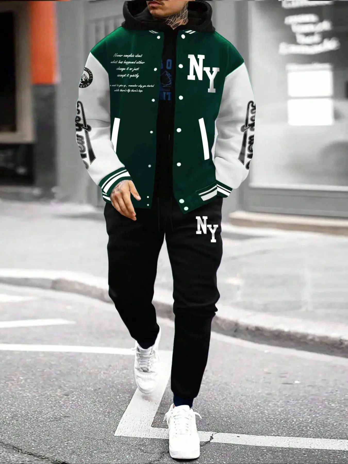 College Style 2 Piece Baseball Pilot Jacket and Sweatpants Set, Cozy Long Sleeve Color Block Jacket for Fall & Winter, Fashionable Casual