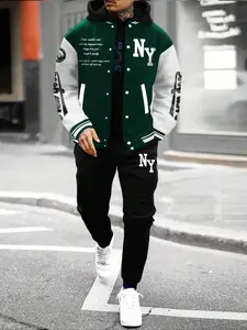College Style 2 Piece Baseball Pilot Jacket and Sweatpants Set, Cozy Long Sleeve Color Block Jacket for Fall & Winter, Fashionable Casual