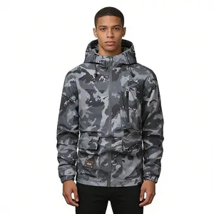 Men's Camo Print Zip Up Drawstring HoodedJacket, Regular Fit Casual Waterproof Long Sleeve Pocket Outerwear, Men's Fall & Winter Clothes