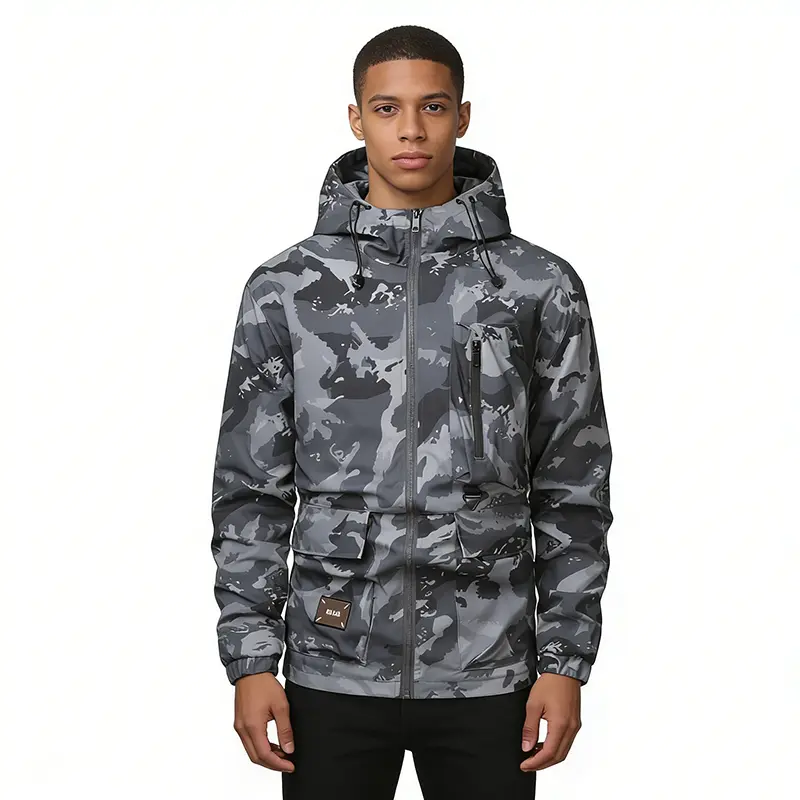 Men's Tactical Camouflage Soft Shell Jacket, Waterproof Hooded Menswear with Pockets and Mock Neck for Casual Outdoor Outfits, Longsleeves