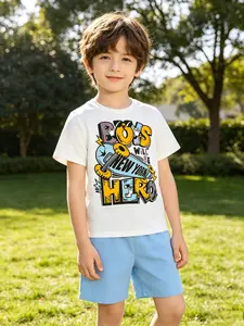 Boys 2 Piece Outfit Graffiti Graphic Bold Graphics Short Sleeve T-Shirt Top and Solid Elastic Waist Shorts Sport Set