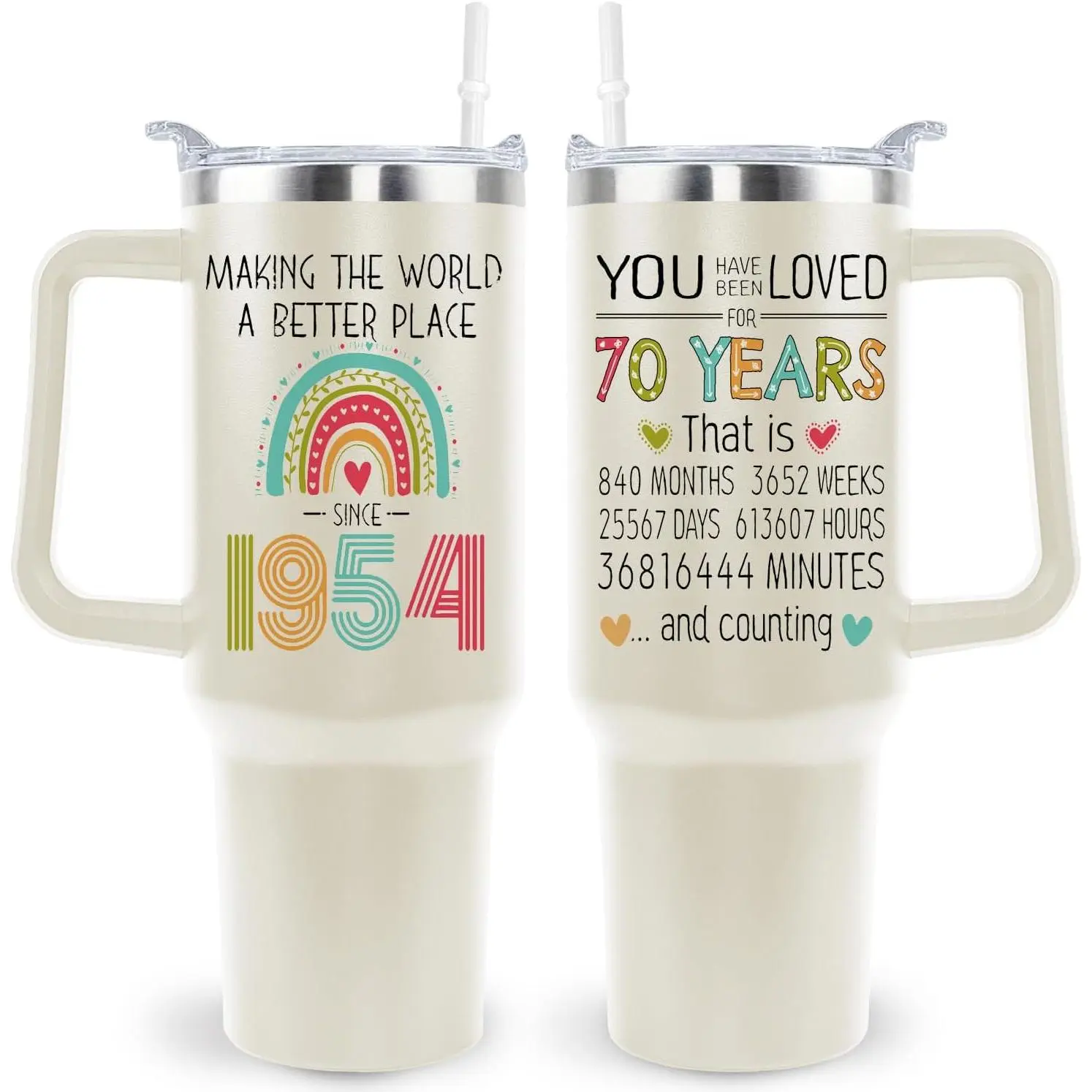 Portable Cylindrical Stainless Steel Leak-Proof Vacuum Flask Tumbler, 40oz/500-1000ml Classic White Drinkware with Handle, Indoor 70th Birthday Gift for 1954-Born Women (Mom)
