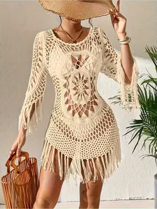 Crochet Swim Cover Up Dress - Long Sleeve Fringe Tassel Openwork Bikini Cover Up, Loose Fit Boho Beach Tunic for Summer Vacation, Pool & Tropical Getaways - Available in Multiple Colors