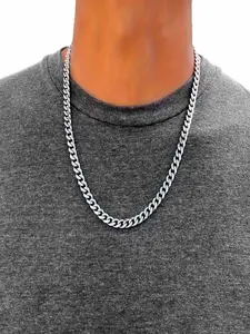 Men's Fashion Silver Color Chain Necklace, Cuban Link Design, Durable Trendy Daily Accessory, Stylish Jewelry for Everyday Wear, Minimalist Chain Necklace