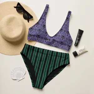 Purple Ghost Skull Print Bikini Set Women Green Black Stripe High Waist Two Piece Swimsuit Haunted Mansion Spooky Beach Summer Festival Loose Comfortable