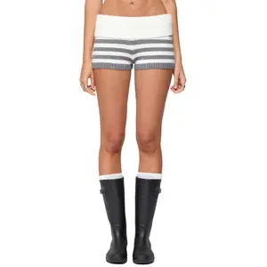 Women Striped Knit Micro Shorts Low Rise Fold Over Elastic WaistFit Mini Bottom Y2k Lounge Sweater Shorts Party Streetwear