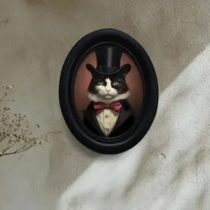 1count,Vintage Jazz Cat 3D Wall Art - Elegant Black & White Feline in Top Hat & Bow Tie, Oval Wooden Decorative Sign (6.8x8.7inch) for Home, Kitchen, Halloween, Christmas, Thanksgiving Decor, Cat Decor, Art Wall Decoration