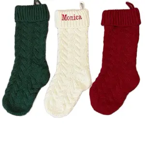 Embroidered Monogrammed Christmas Stocking - Personalized Cable Knit Stockings in Green White or Red for Festive Decoration