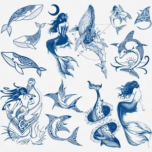 8 Sheets Semi-Permanent Whale Shark Tattoo Stickers, Realistic Herbal Juice Ocean Life Anchor Pattern, Long-Lasting 1-2 Weeks, Waterproof Body Art Decor, Sticker Tattoos