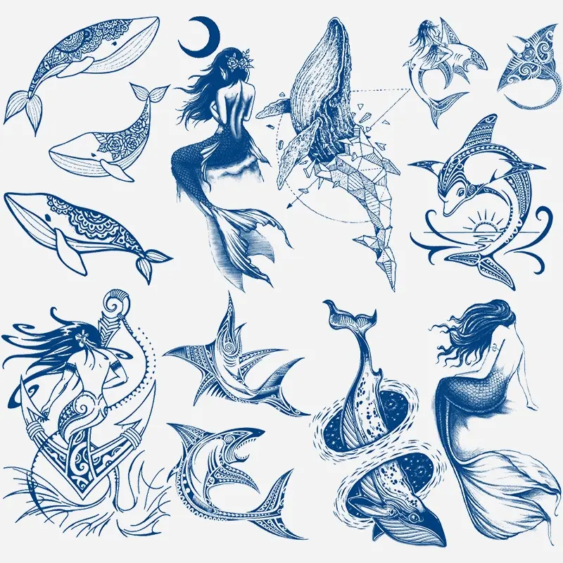8 Sheets Semi-Permanent Whale Shark Tattoo Stickers, Realistic Herbal Juice Ocean Life Anchor Pattern, Long-Lasting 1-2 Weeks, Waterproof Body Art Decor, Sticker Tattoos