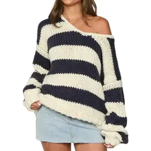Women's Fall Striped Sweater Drop Shoulder Long Sleeve V-Neck Loose Knitted Tops Fashion Stripes Knitwear Sweater Chic O Neck Long Sleeves Loose Sweaters 2024 Autumn Lady Pullover Jumper Womenswear Light