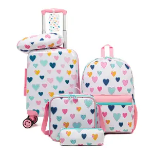 5-Piece Girls Travel and School Set | Colorful Heart Luggage & Backpack Bundle with Lunch Box and Pencil Case | Waterproof Cute Carry-on Suitcase & Bookbag for Kids