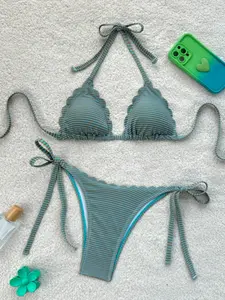 Women's Mint Bikini Set, Thin Strap Design, Slim-Fitting Two-Piece Swimsuit, Casual Floral Pattern, Pool Beach Vacation Wear, Tie Back Bikinis