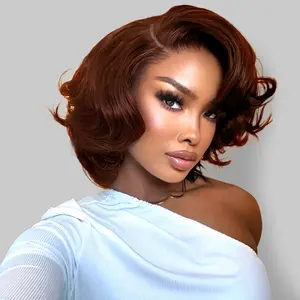 OQ Hair 9x6 M-Cap Ginger Orange Glueless Layered Fluffy Bob Wigs Drawstring Flexible Fit Wear Go Wigs Pre-Cut Lace Human Hair Wigs Preplucked Hairline With Invisible Bleached Tiny Knots Adjustable Strap Short Wear Go Bob Wigs