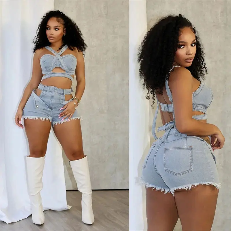Women’s Denim 2 Piece Short Set Halter Crop Top and Cut Out Shorts