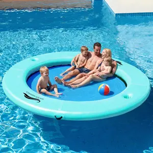 Sun Chill Float Ring for Adults Heavy Duty, 8ft Round Inflatable Water Hammock for Summer Party, Inflatable Dock Floating Platform, Inflatable Floating Dock for Lake, Pool, Mesh Ring Float#summervibes