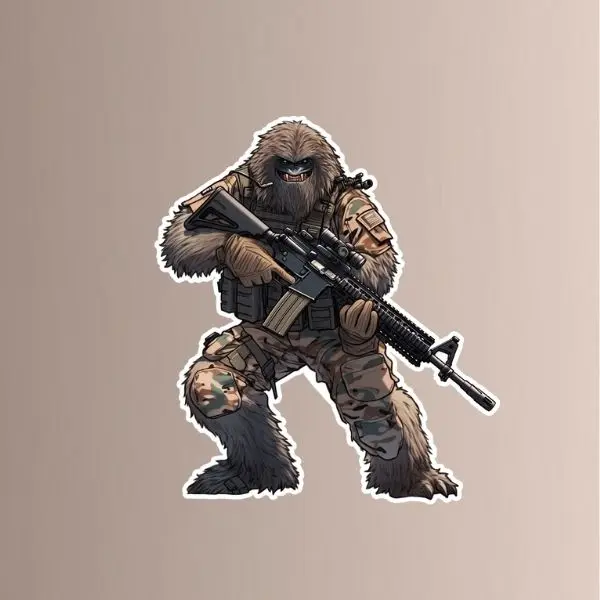 Gun Decal Tactical Bigfoot Sasquatch Sticker, Funny Outdoor Hunter Vinyl Decal, Stealth Sasquatch Silhouette Design, Waterproof Sticker for Truck, Laptop, Case, Gear, Hunting Humor Gift