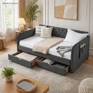 Mid-Century Linen Blend Dark Gray Twin Size Upholstery Daybed - Expandable Twin/King Bed with Trundle, 2 Storage Drawers, Flat Arms with 1 Pocket, Requires Drill - Indoor Bedroom/Living Room Furniture, Expandable Bed