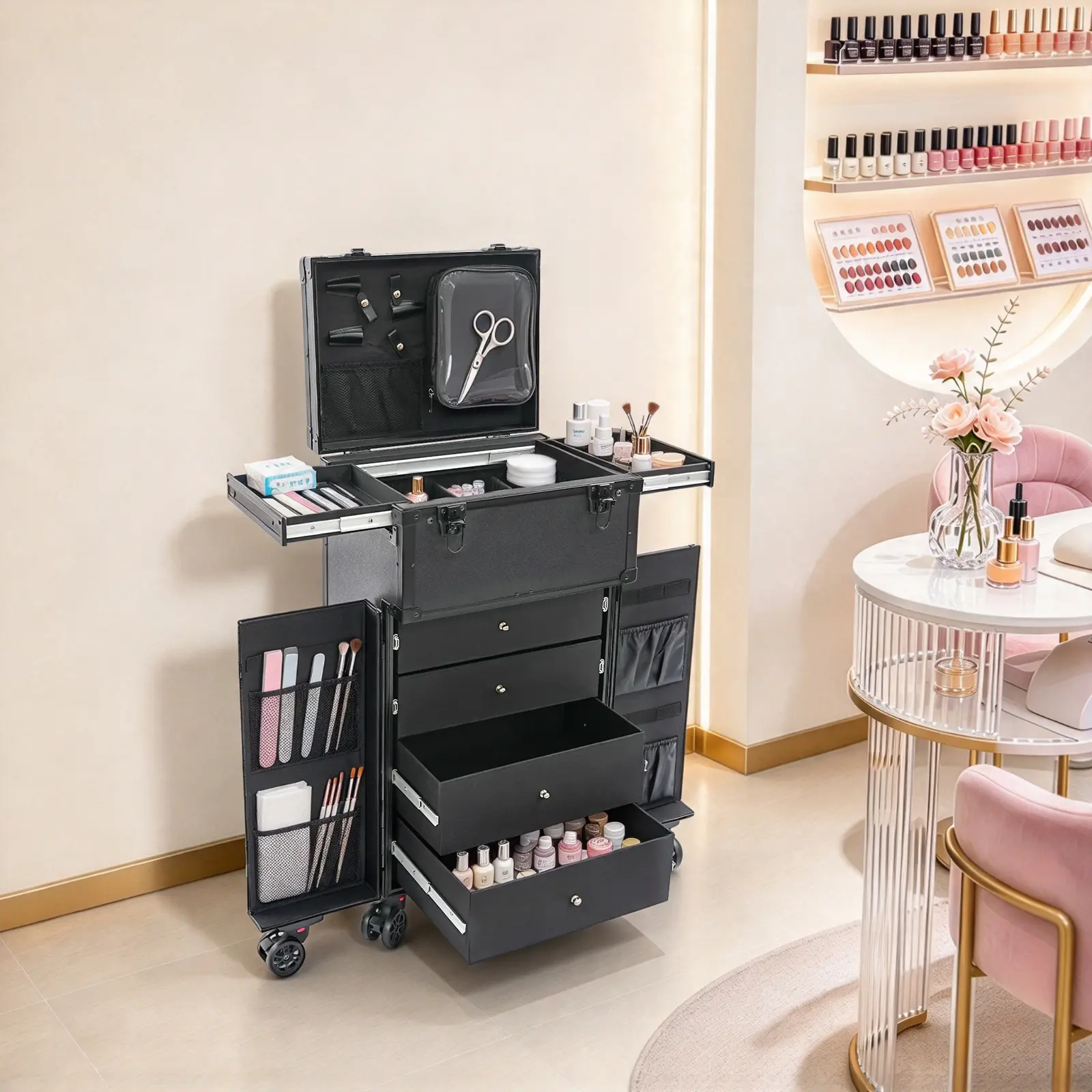 CNCEST Professional Rolling Makeup Case - Aluminum Alloy & ABS Portable Cosmetic Organizer with Adjustable Rod, Multiple Storage Compartments, Buckle Closure, 4 Keys, Large Size, Privacy Safe for Traveling, Ideal for Girlfriend, Mother, Sisters, Wife