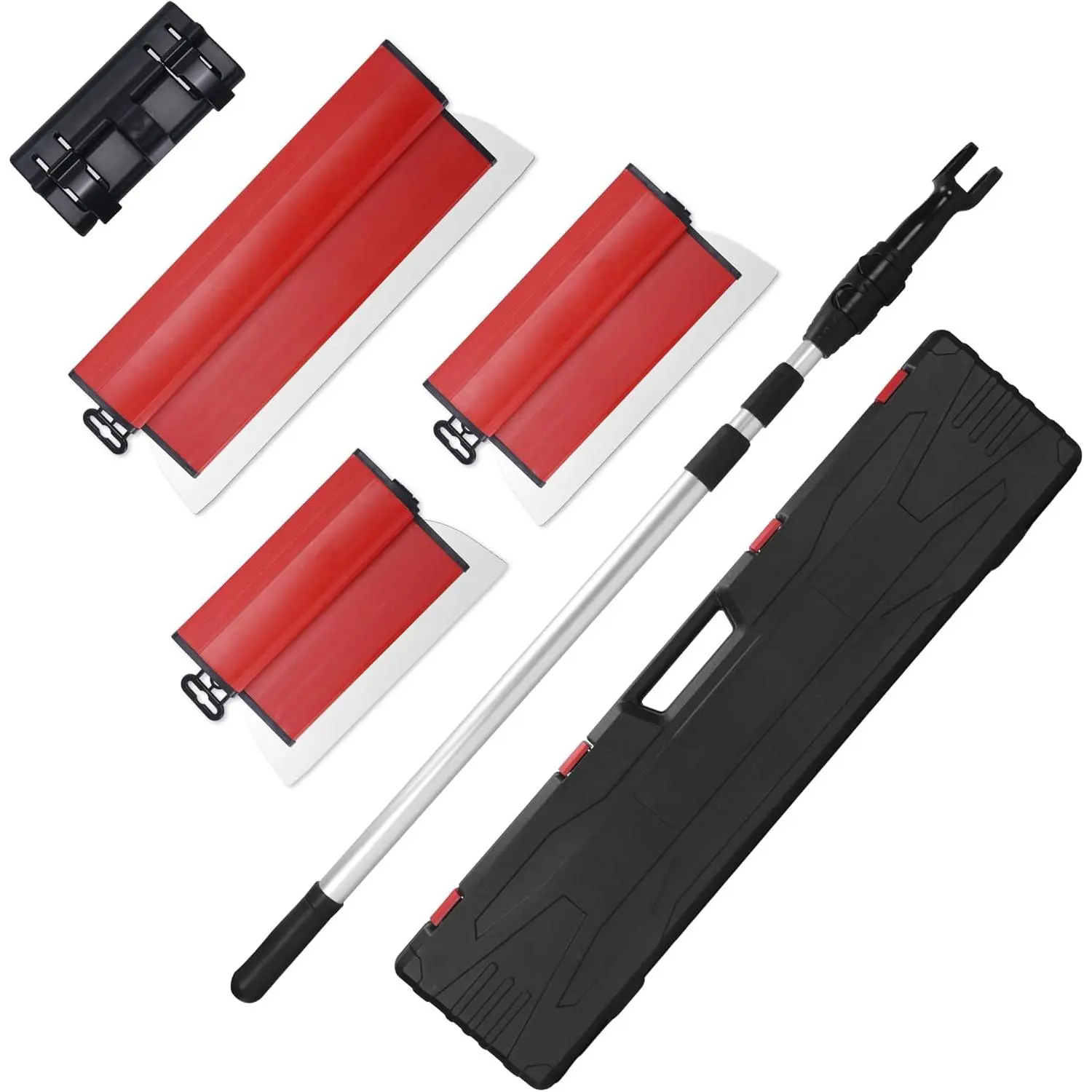 Drywall Skimming  Set, 10"+16"+24" Skimming + 33"-77" Extension Handle Pole with Portable Case, Stainless Steel Drywall Smoothing Spatula for Large Working Area Sheetrock/Wall-Board