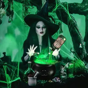 Indoor Christmas Tabletop Decor: Magical Floating Green Potion Bottles with Nebulizers & Black Plastic Witch's Cauldrons – Christmas Gift Set for Christmas Trees, Tabletop Ornaments, Warm Vintage Home Living Rooms & Dining Tables