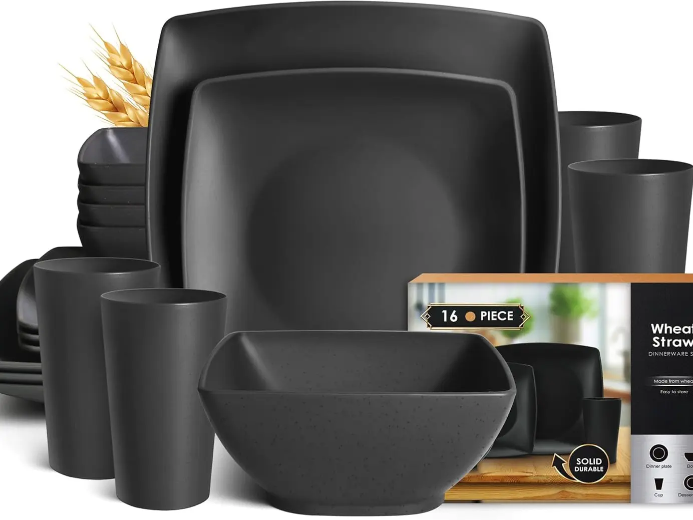 16-Piece Wheat Straw Plastic Kitchen Tableware Set - Service for 4, Unbreakable Modern Dish Set with Dinner Plates, Dessert Plates, Cereal Bowls, Cups, for Apartment Essentials, Outdoor Camping, Black Home Decor