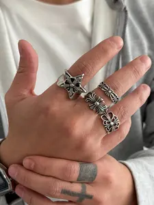 Men's Hip Hop Star Cross Ring Set, Casual Vintage Design Metal Rings, Daily Party Versatile Jewelry Gift, 4 Piece Fashion Accessory