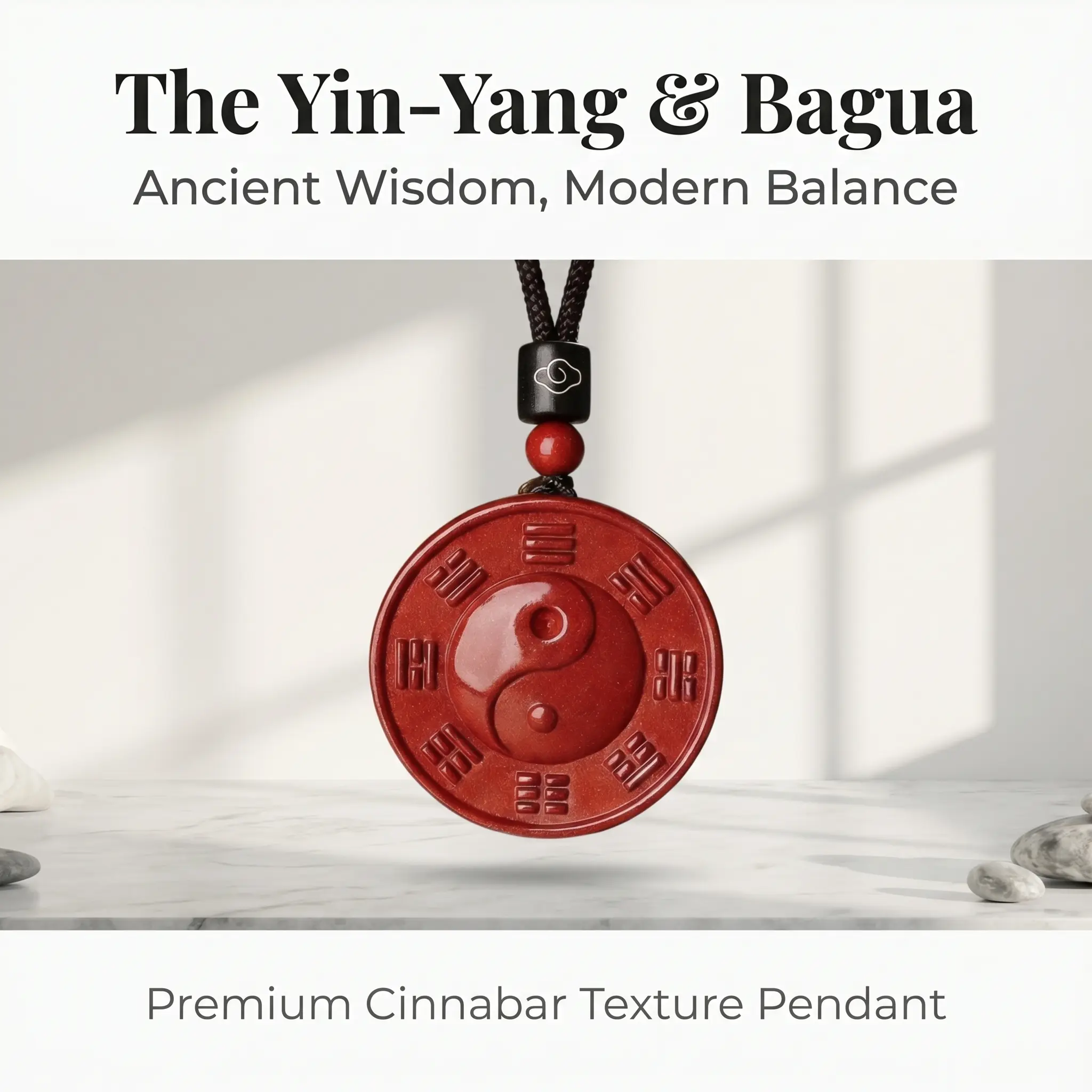 Unisex Non-Tarnish Classic Tai Chi Bagua Cinnabar Resin Pendant Necklace - 5 Elements Wu Xing Energy Round Talisman, Taoist I Ching Symbol, Meditation Reiki Festival Gift, Festivals